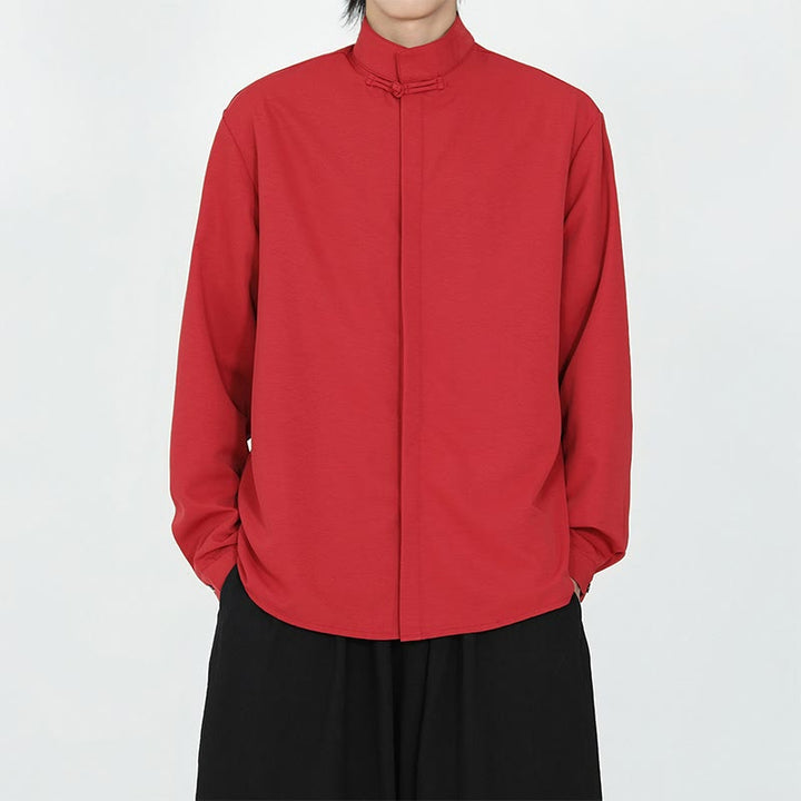 Camisa de algodón de manga larga para hombre con un solo botón de rana y Buddha Stones en color liso - Rojo - US/UK/AU46, EU56 (5XL) - image 10