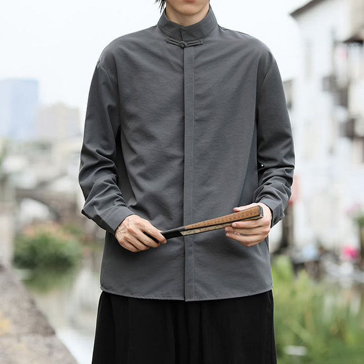 Camisa de algodón de manga larga para hombre con un solo botón de rana y Buddha Stones en color liso - image 1