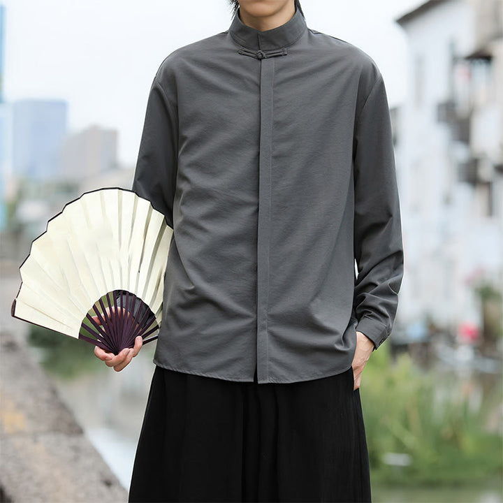 Camisa de algodón de manga larga para hombre con un solo botón de rana y Buddha Stones en color liso - image 4