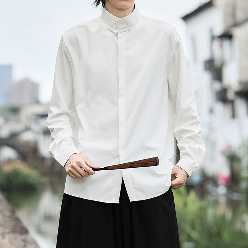 Camisa de algodón de manga larga para hombre con un solo botón de rana y Buddha Stones en color liso - image 8