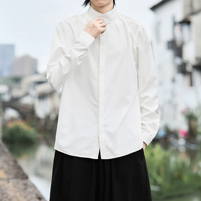 Camisa de algodón de manga larga para hombre con un solo botón de rana y Buddha Stones en color liso - image 6