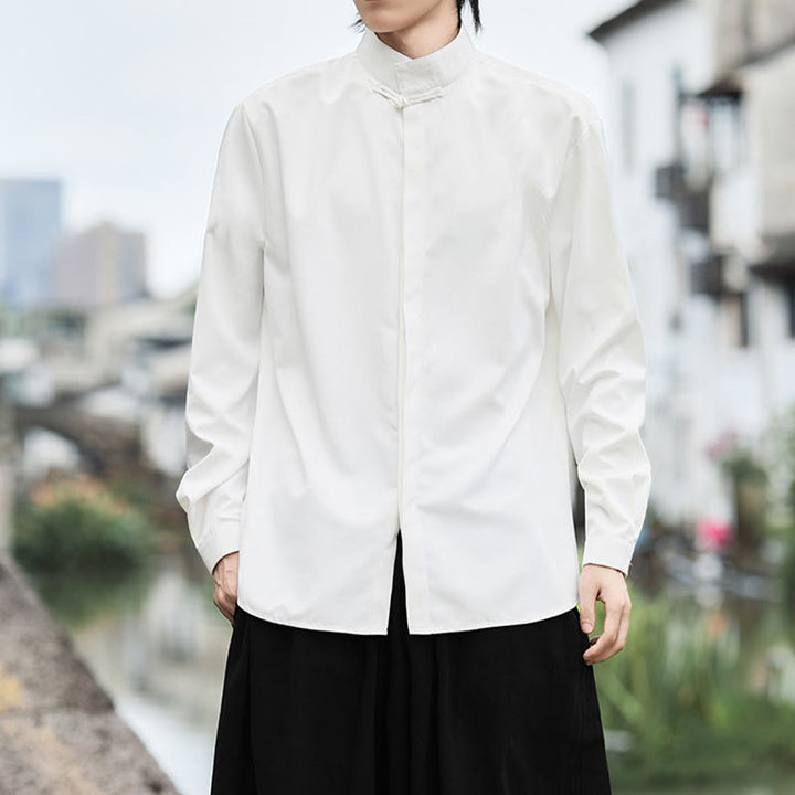 Camisa de algodón de manga larga para hombre con un solo botón de rana y Buddha Stones en color liso - image 7