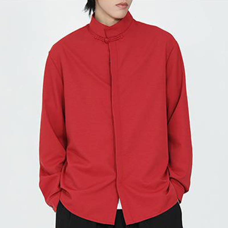 Camisa de algodón de manga larga para hombre con un solo botón de rana y Buddha Stones en color liso - image 14