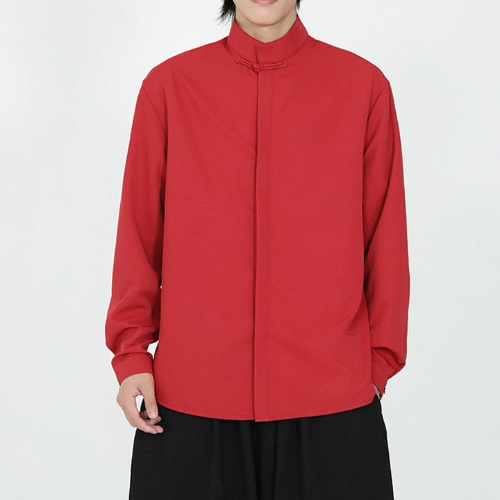 Camisa de algodón de manga larga para hombre con un solo botón de rana y Buddha Stones en color liso - image 11