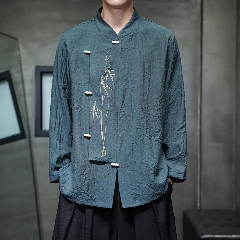 Camisa de lino y algodón de manga larga para hombre con bordado de hojas de bambú de color liso y Buddha Stones - Verde azulado - US/UK/AU46, EU56 (5XL) - image 21