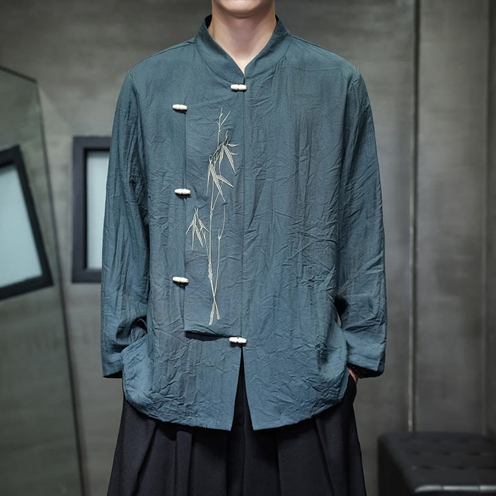 Camisa de lino y algodón de manga larga para hombre con bordado de hojas de bambú de color liso y Buddha Stones - Verde azulado - US/UK/AU46, EU56 (5XL) - image 21