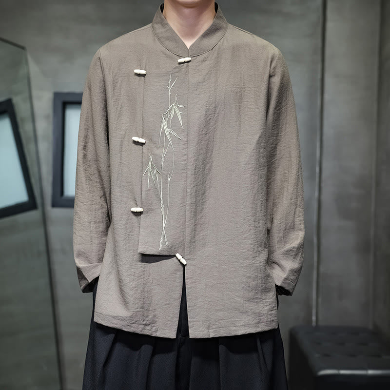 Camisa de lino y algodón de manga larga para hombre con bordado de hojas de bambú de color liso y Buddha Stones - Broncearse - US/UK/AU46, EU56 (5XL) - image 0