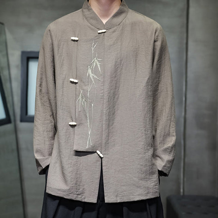 Camisa de lino y algodón de manga larga para hombre con bordado de hojas de bambú de color liso y Buddha Stones - image 2