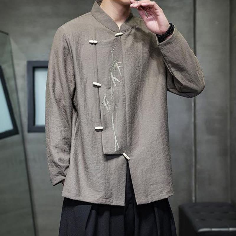 Camisa de lino y algodón de manga larga para hombre con bordado de hojas de bambú de color liso y Buddha Stones - image 5