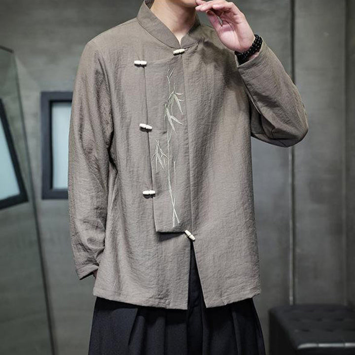 Camisa de lino y algodón de manga larga para hombre con bordado de hojas de bambú de color liso y Buddha Stones - image 5