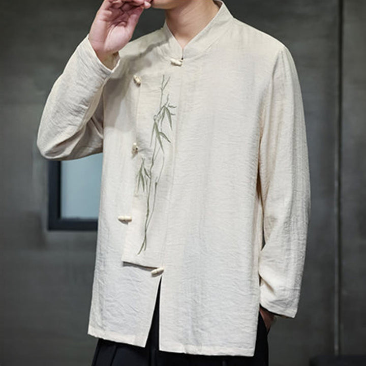 Camisa de lino y algodón de manga larga para hombre con bordado de hojas de bambú de color liso y Buddha Stones - image 8