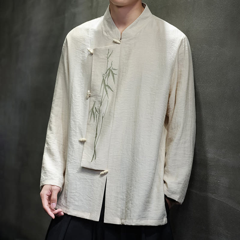 Camisa de lino y algodón de manga larga para hombre con bordado de hojas de bambú de color liso y Buddha Stones - image 14