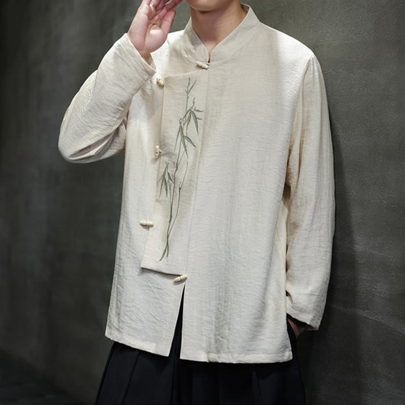 Camisa de lino y algodón de manga larga para hombre con bordado de hojas de bambú de color liso y Buddha Stones - image 12