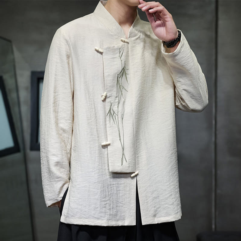 Camisa de lino y algodón de manga larga para hombre con bordado de hojas de bambú de color liso y Buddha Stones - image 13