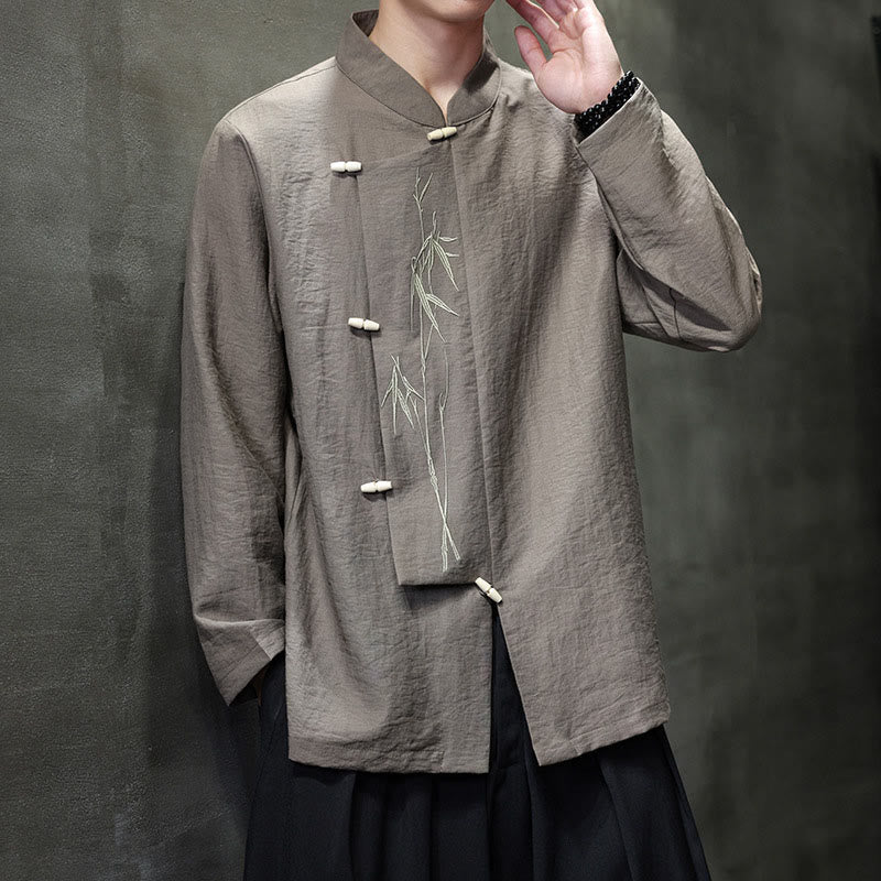 Camisa de lino y algodón de manga larga para hombre con bordado de hojas de bambú de color liso y Buddha Stones - image 6