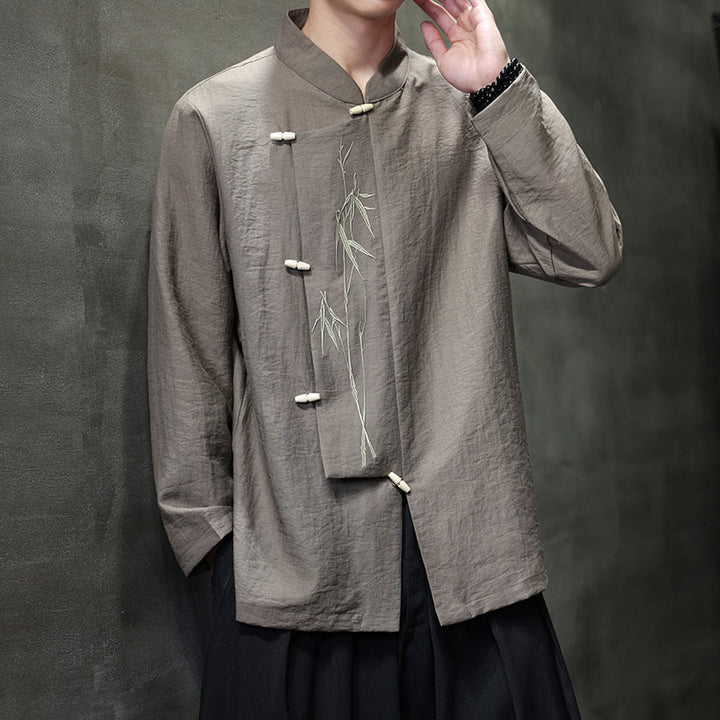 Camisa de lino y algodón de manga larga para hombre con bordado de hojas de bambú de color liso y Buddha Stones - image 6