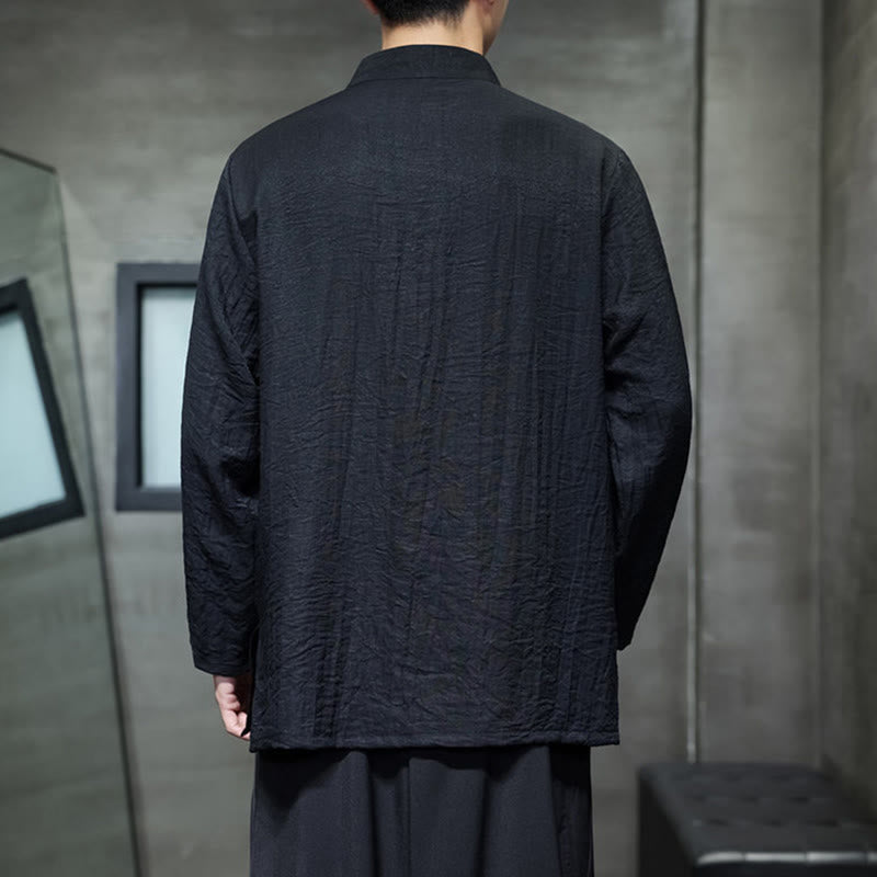 Camisa de lino y algodón de manga larga para hombre con bordado de hojas de bambú de color liso y Buddha Stones - image 19