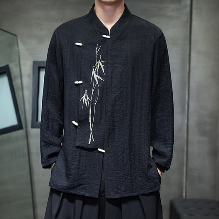 Camisa de lino y algodón de manga larga para hombre con bordado de hojas de bambú de color liso y Buddha Stones - image 17