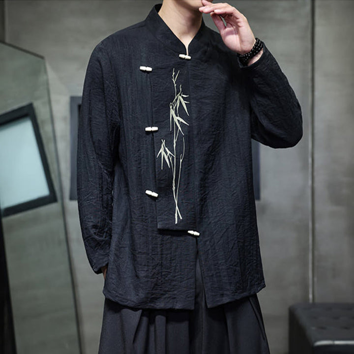 Camisa de lino y algodón de manga larga para hombre con bordado de hojas de bambú de color liso y Buddha Stones - image 18