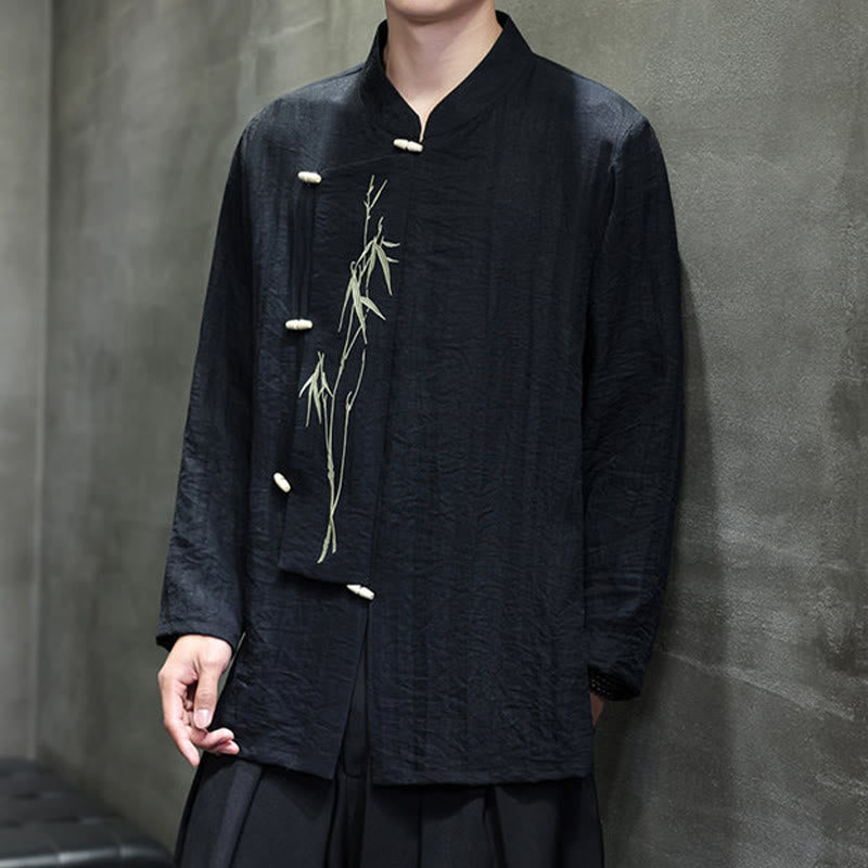 Camisa de lino y algodón de manga larga para hombre con bordado de hojas de bambú de color liso y Buddha Stones - image 20