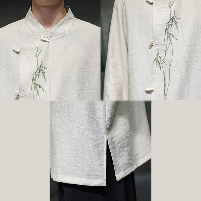 Camisa de lino y algodón de manga larga para hombre con bordado de hojas de bambú de color liso y Buddha Stones - image 15