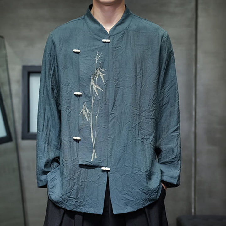 Camisa de lino y algodón de manga larga para hombre con bordado de hojas de bambú de color liso y Buddha Stones - image 22