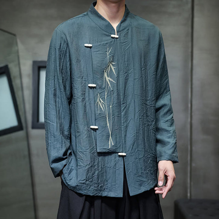 Camisa de lino y algodón de manga larga para hombre con bordado de hojas de bambú de color liso y Buddha Stones - image 27