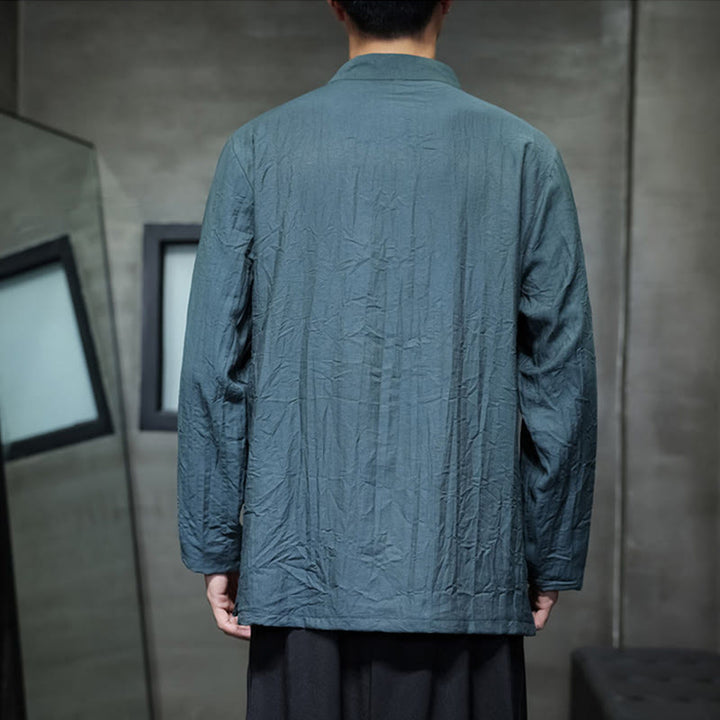 Camisa de lino y algodón de manga larga para hombre con bordado de hojas de bambú de color liso y Buddha Stones - image 24