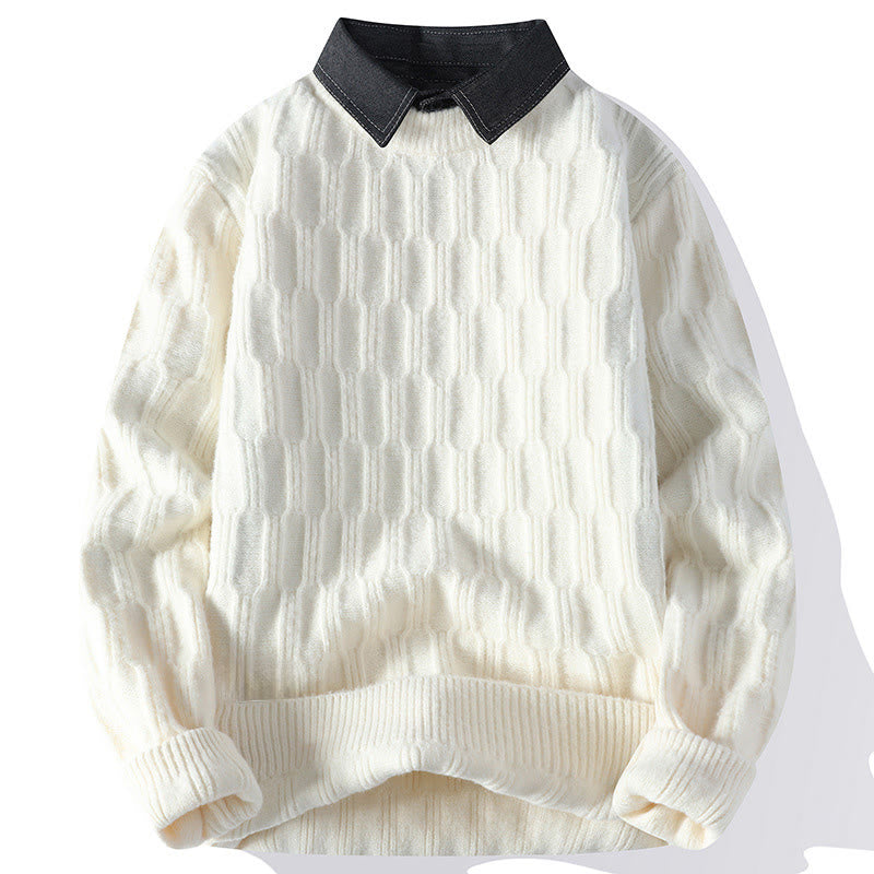 Suéter de punto de manga larga para hombre, cálido, con cuello alto y diseño de líneas negras de Buddha Stones, para invierno - Blanco - US/UK/AU44, EU54 (4XL) - image 8