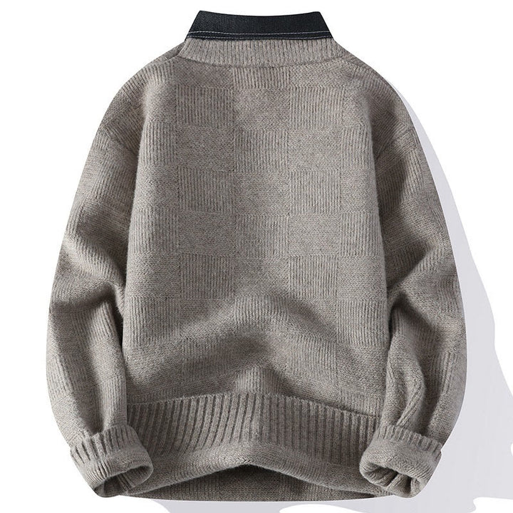 Suéter de punto de manga larga para hombre, cálido, con estampado a cuadros y cuello alto negro de Buddha Stones, para invierno - image 1
