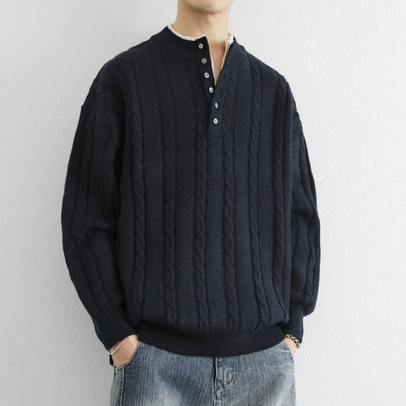 Suéter de punto de manga larga para hombre, cálido, con cuello en V, botones y diseño retorcido, de Buddha Stones, para invierno - image 1