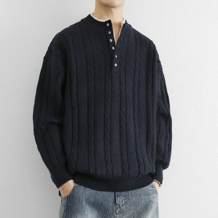 Suéter de punto de manga larga para hombre, cálido, con cuello en V, botones y diseño retorcido, de Buddha Stones, para invierno - image 1