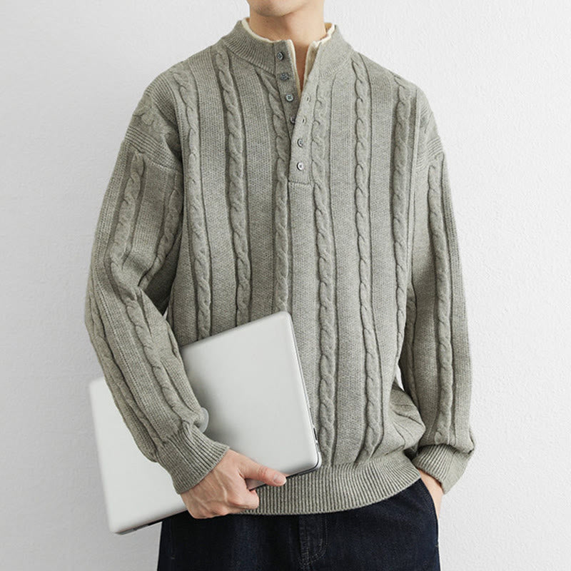 Suéter de punto de manga larga para hombre, cálido, con cuello en V, botones y diseño retorcido, de Buddha Stones, para invierno - image 15