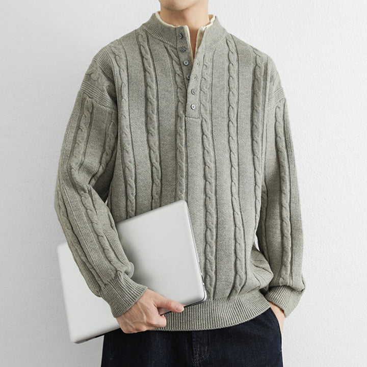 Suéter de punto de manga larga para hombre, cálido, con cuello en V, botones y diseño retorcido, de Buddha Stones, para invierno - image 15