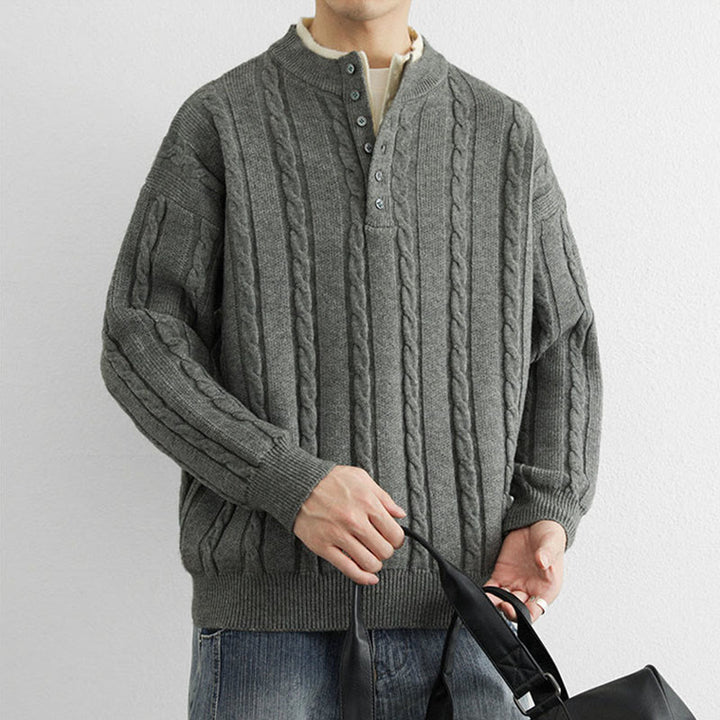Suéter de punto de manga larga para hombre, cálido, con cuello en V, botones y diseño retorcido, de Buddha Stones, para invierno - image 9