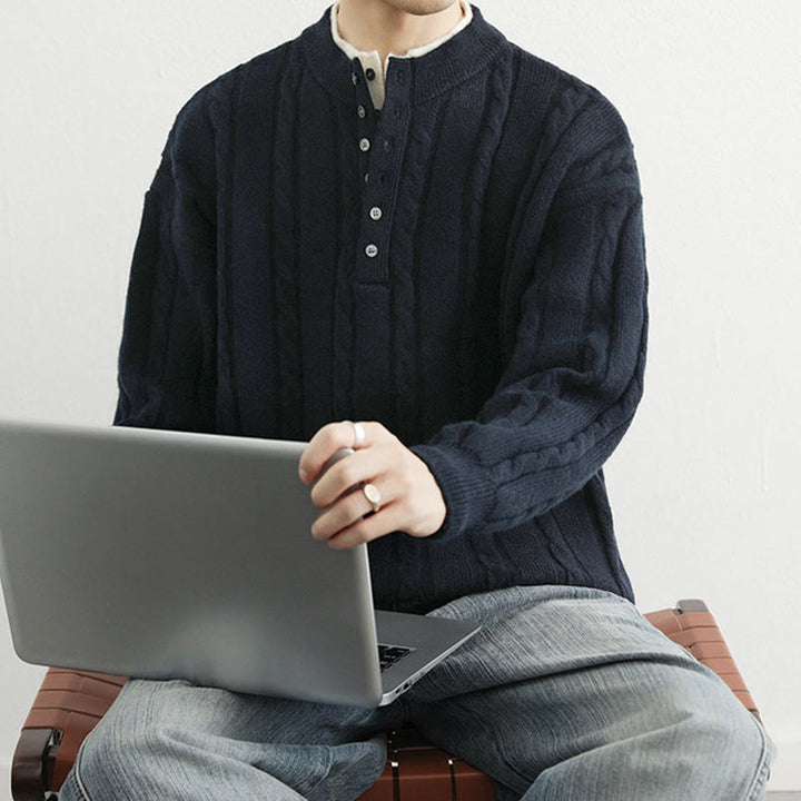 Suéter de punto de manga larga para hombre, cálido, con cuello en V, botones y diseño retorcido, de Buddha Stones, para invierno - image 5