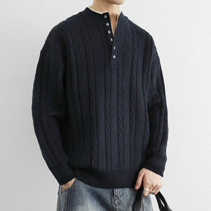 Suéter de punto de manga larga para hombre, cálido, con cuello en V, botones y diseño retorcido, de Buddha Stones, para invierno - image 2