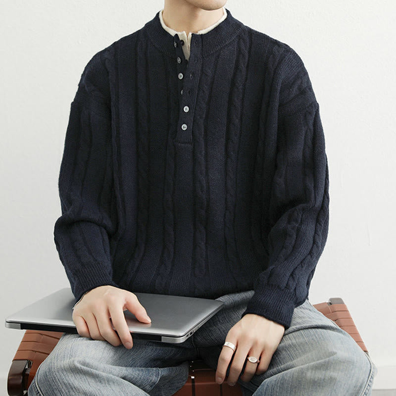Suéter de punto de manga larga para hombre, cálido, con cuello en V, botones y diseño retorcido, de Buddha Stones, para invierno - image 4