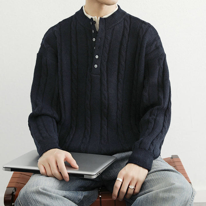 Suéter de punto de manga larga para hombre, cálido, con cuello en V, botones y diseño retorcido, de Buddha Stones, para invierno - image 4