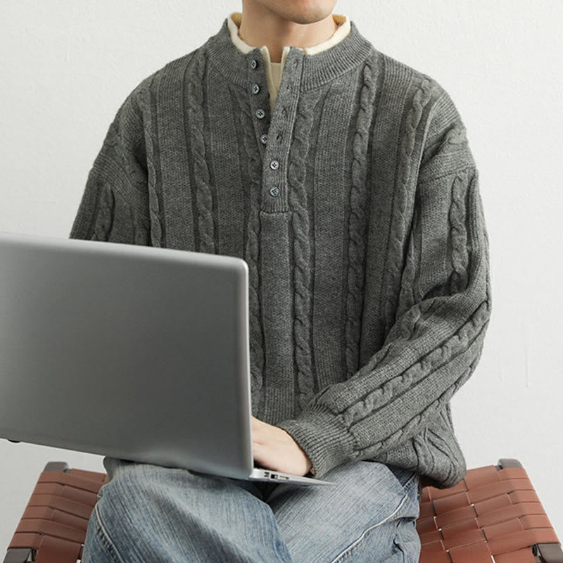 Suéter de punto de manga larga para hombre, cálido, con cuello en V, botones y diseño retorcido, de Buddha Stones, para invierno - image 12