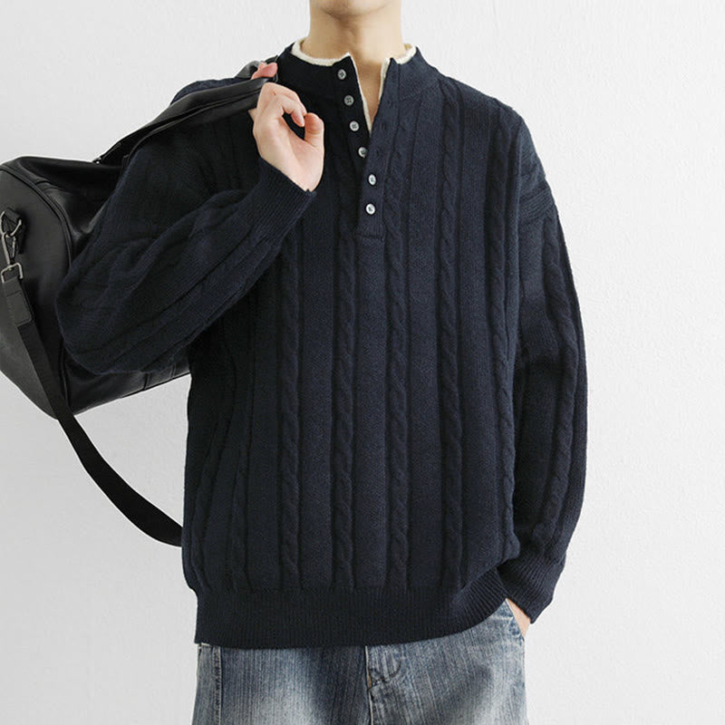 Suéter de punto de manga larga para hombre, cálido, con cuello en V, botones y diseño retorcido, de Buddha Stones, para invierno - image 3