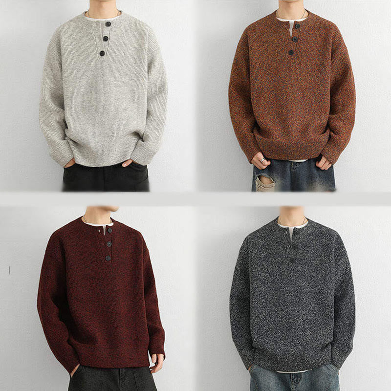 Suéter de punto de manga larga para hombre, cálido, con cuello en V, botones y diseño acanalado, de Buddha Stones, para invierno - image 24