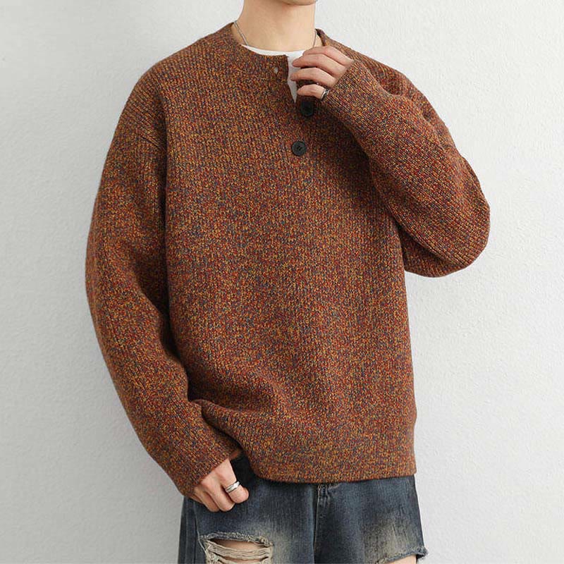 Suéter de punto de manga larga para hombre, cálido, con cuello en V, botones y diseño acanalado, de Buddha Stones, para invierno - image 1