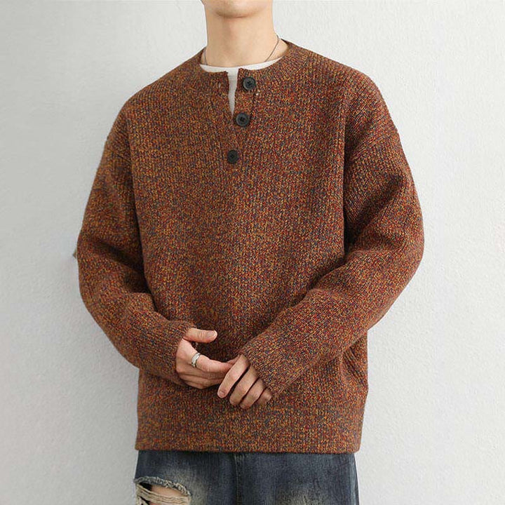 Suéter de punto de manga larga para hombre, cálido, con cuello en V, botones y diseño acanalado, de Buddha Stones, para invierno - image 2