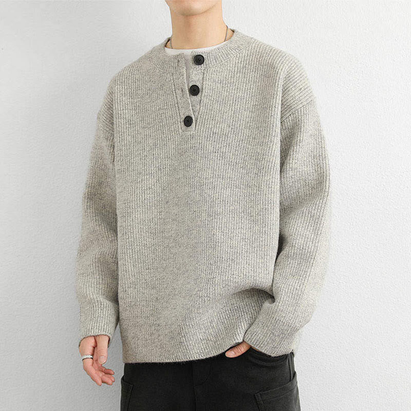 Suéter de punto de manga larga para hombre, cálido, con cuello en V, botones y diseño acanalado, de Buddha Stones, para invierno - image 9