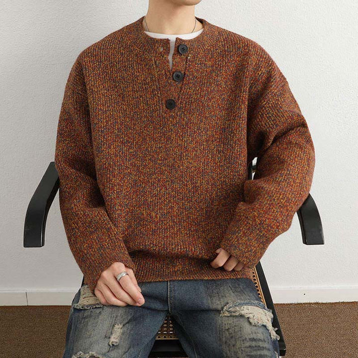 Suéter de punto de manga larga para hombre, cálido, con cuello en V, botones y diseño acanalado, de Buddha Stones, para invierno - image 3