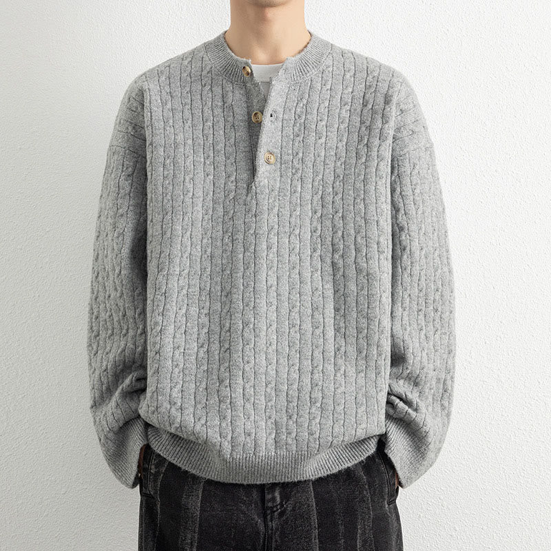 Suéter de punto de manga larga para hombre, cálido, con diseño retorcido, tres botones y cuello redondo de invierno Buddha Stones - Gris claro - US/UK/AU42, EU52 (3XL) - image 11