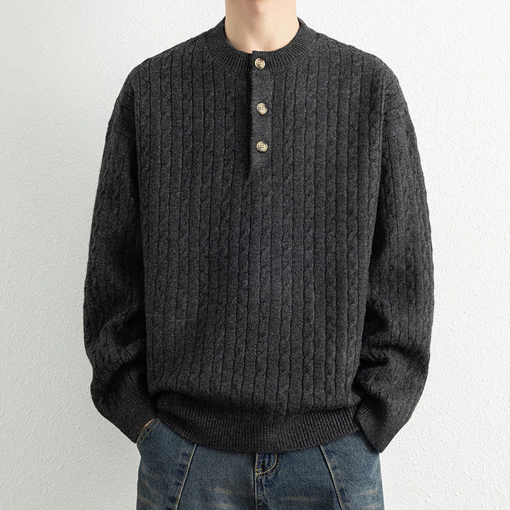 Suéter de punto de manga larga para hombre, cálido, con diseño retorcido, tres botones y cuello redondo de invierno Buddha Stones - Negro - US/UK/AU42, EU52 (3XL) - image 14