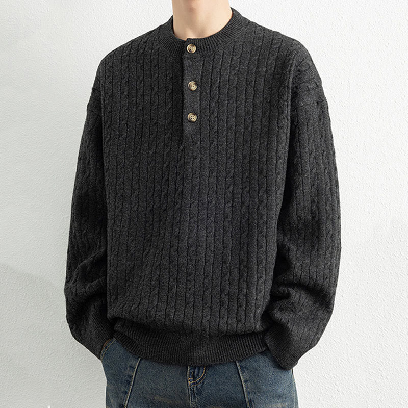 Suéter de punto de manga larga para hombre, cálido, con diseño retorcido, tres botones y cuello redondo de invierno Buddha Stones - image 16