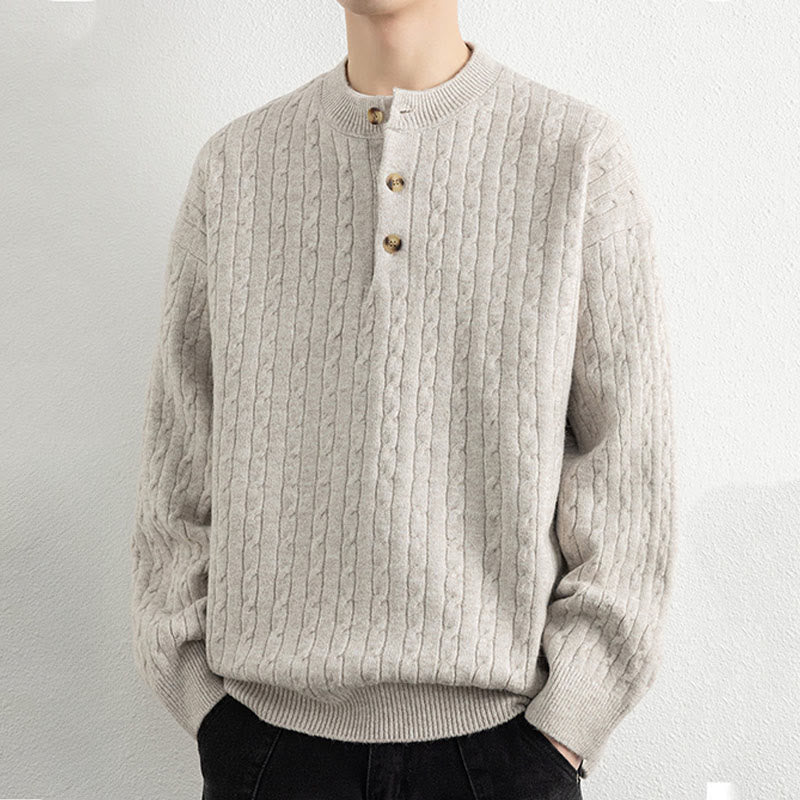 Suéter de punto de manga larga para hombre, cálido, con diseño retorcido, tres botones y cuello redondo de invierno Buddha Stones - image 1